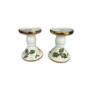 2 Ceramic Candle Holders Beige White Gold Rim Holly Leaves Bereies L. Gates 2001